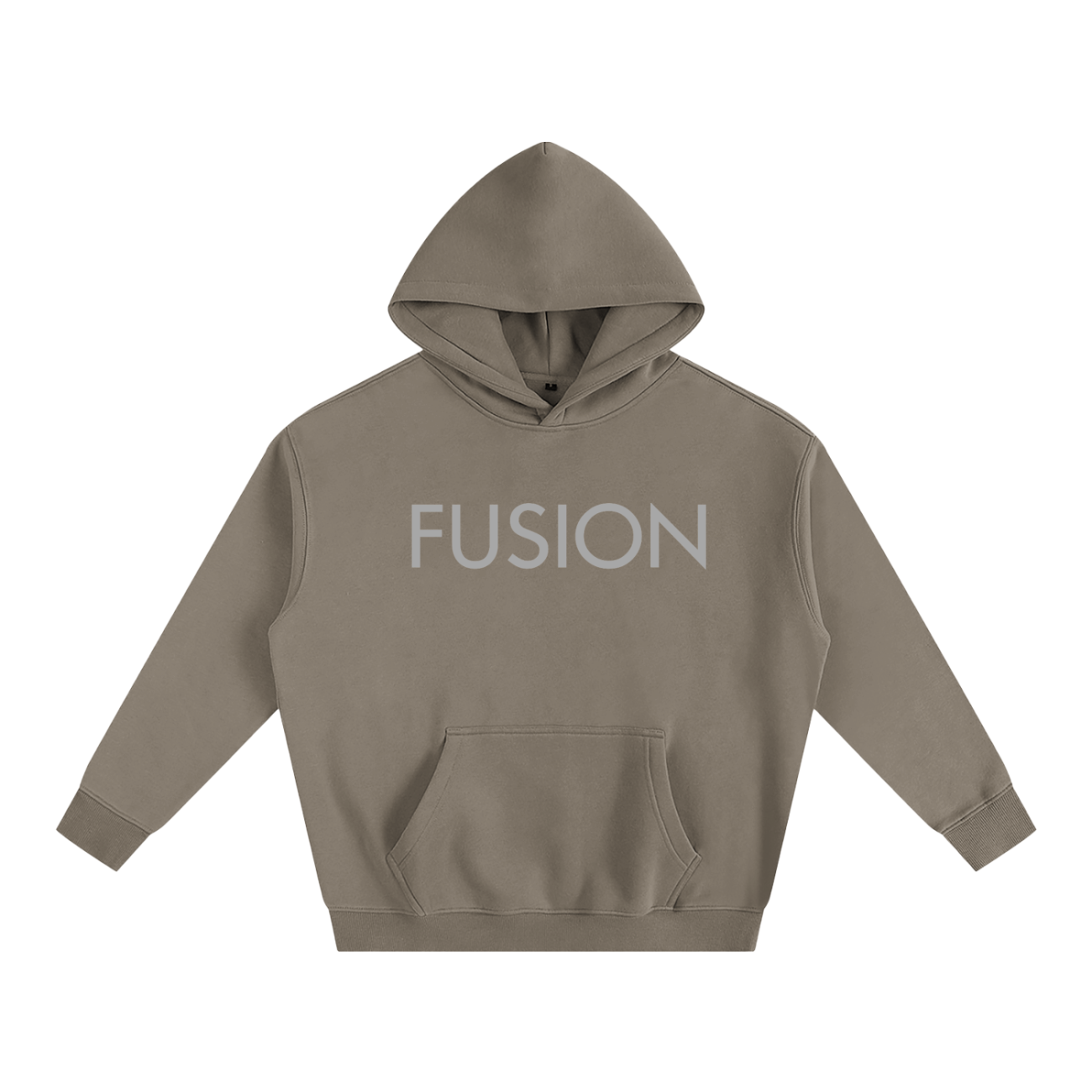 The Fusion Oversize Fleeced Hoodie is a taupe hooded sweatshirt with FUSION in large light gray letters across the chest. It offers affordable luxury, comfort, long sleeves, and a front pocket.