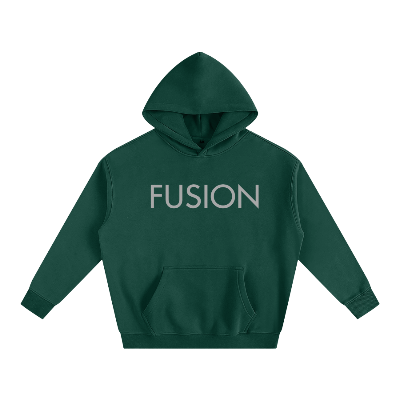 The Fusion Oversize Fleeced Hoodie is a dark green hoodie with FUSION in bold letters on the chest. It combines affordable luxury and comfort, featuring long sleeves and a front pouch pocket.