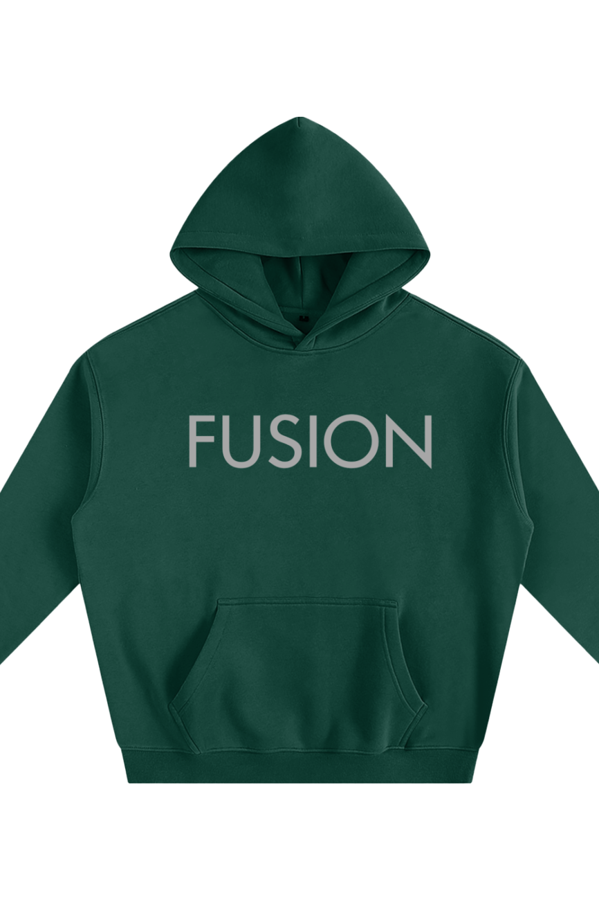 The Fusion Oversize Fleeced Hoodie is a dark green hoodie with FUSION in bold letters on the chest. It combines affordable luxury and comfort, featuring long sleeves and a front pouch pocket.