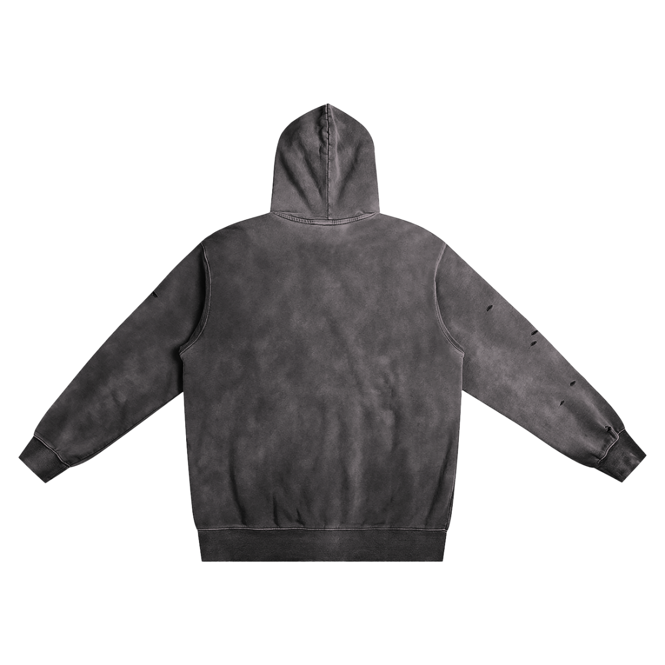 The Company Heavyweight Pure Cotton Hand-Frayed Monkey Washed Hoodie in faded black, shown flat from the back, features slight right sleeve distressing and a relaxed fit—perfect for those seeking affordable luxury.