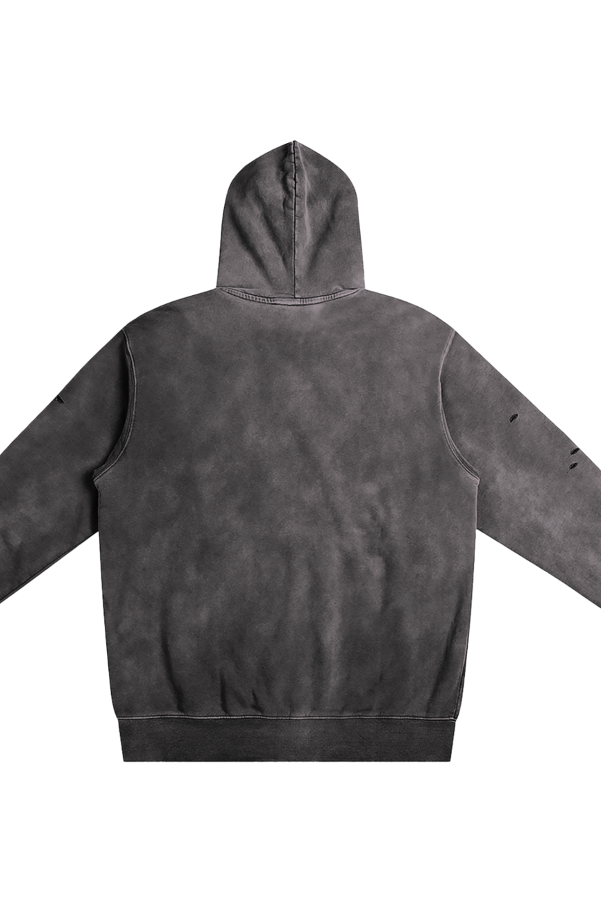 The Company Heavyweight Pure Cotton Hand-Frayed Monkey Washed Hoodie in faded black, shown flat from the back, features slight right sleeve distressing and a relaxed fit—perfect for those seeking affordable luxury.