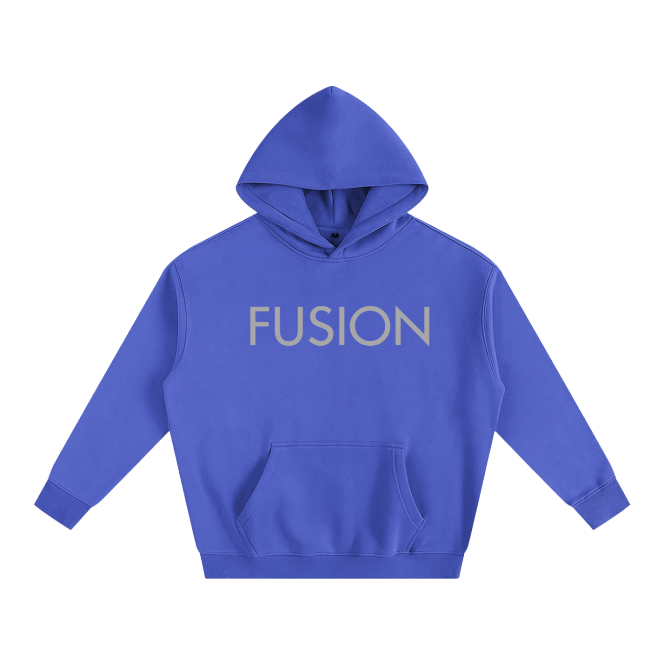 The Fusion Oversize Fleeced Hoodie features a blue design with FUSION in large, light letters across the chest. Enjoy affordable luxury with long sleeves, a front pouch pocket, and ultimate comfort and style.