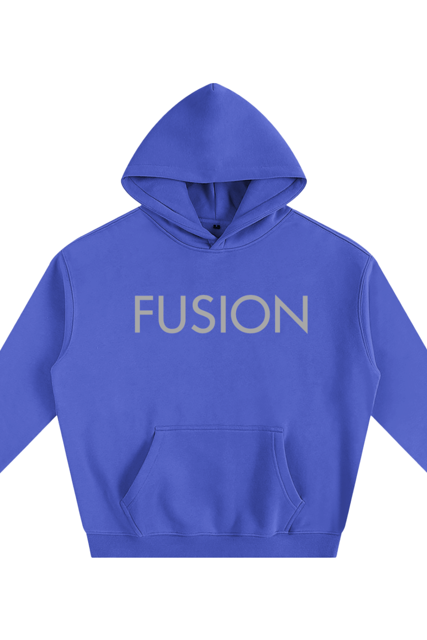 The Fusion Oversize Fleeced Hoodie features a blue design with FUSION in large, light letters across the chest. Enjoy affordable luxury with long sleeves, a front pouch pocket, and ultimate comfort and style.