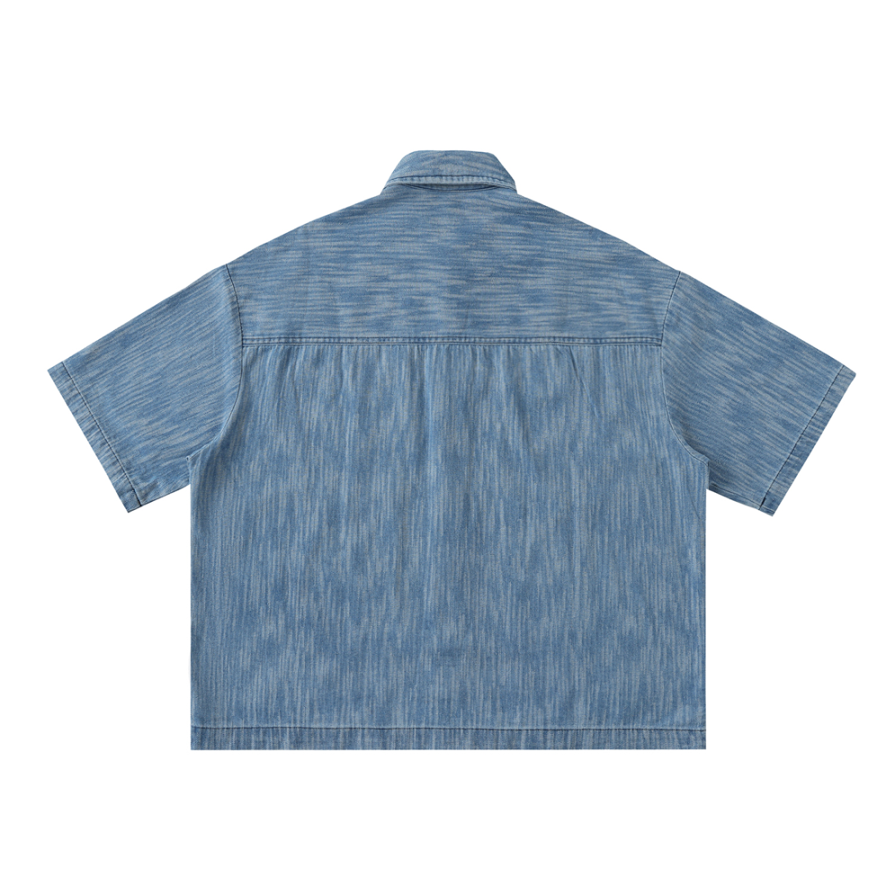 Distressed Wash Short-Sleeve Shirt in light blue denim shown from the back, featuring a collar and subtle vertical faded pattern—a stylish choice for those seeking affordable luxury.