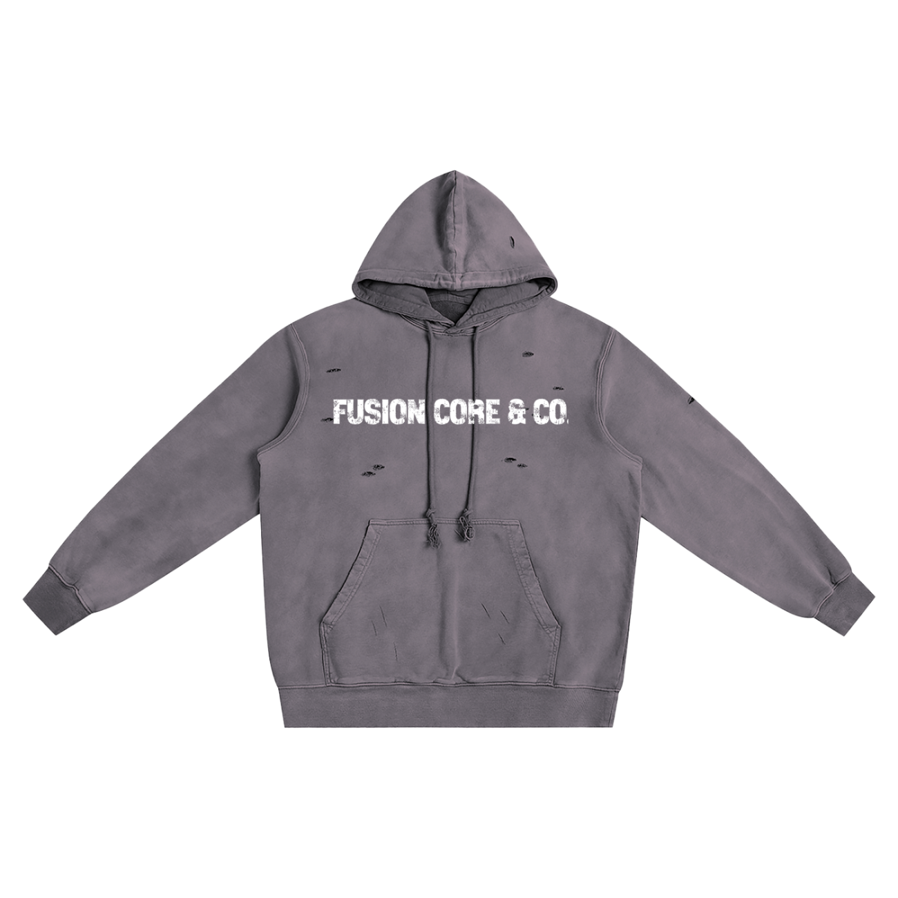 The Company Heavyweight Pure Cotton Hand-Frayed Monkey Washed Hoodie is a gray hooded sweatshirt with a front pocket and FUSION CORE & CO. in white, distressed text. This luxury piece features visible frayed spots and a vintage, monkey-washed finish.