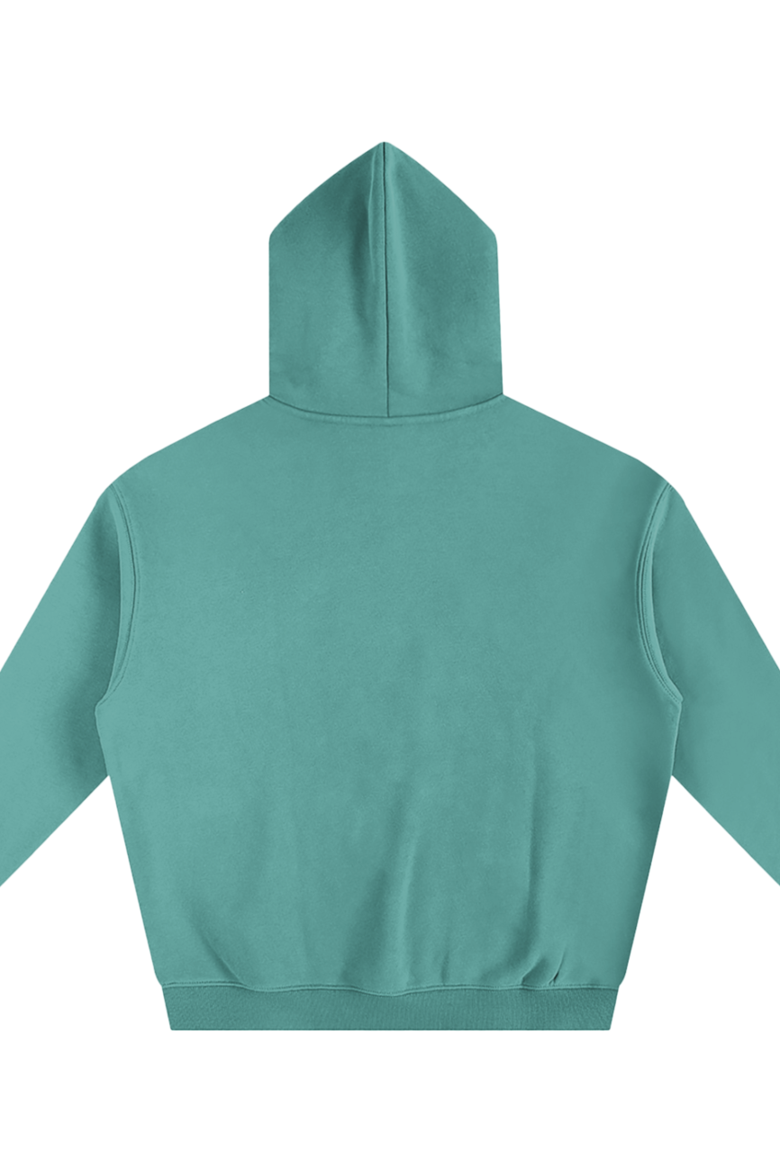 The Fusion Oversize Fleeced Hoodie, in teal from our Affordable Luxury Clothing line, is displayed from the back with long sleeves and ribbed cuffs and hem, laid flat against a white background.