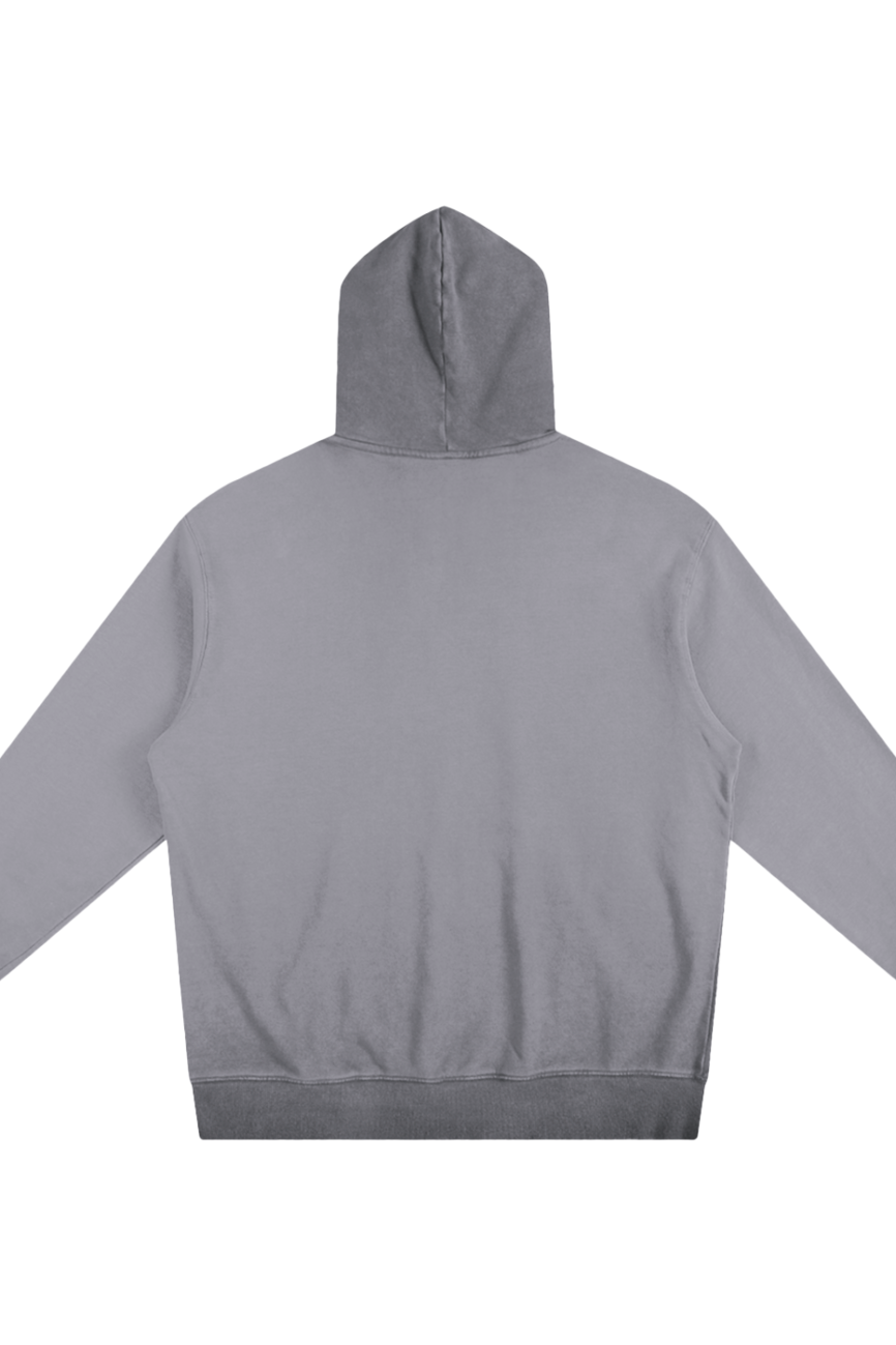 The FC&Co. Ombre Vintage Stone Washed Colorpointed Hoodie is shown flat, back facing up. This affordable luxury hoodie features long sleeves, ribbed cuffs, and a ribbed waistband for classic comfort and style.