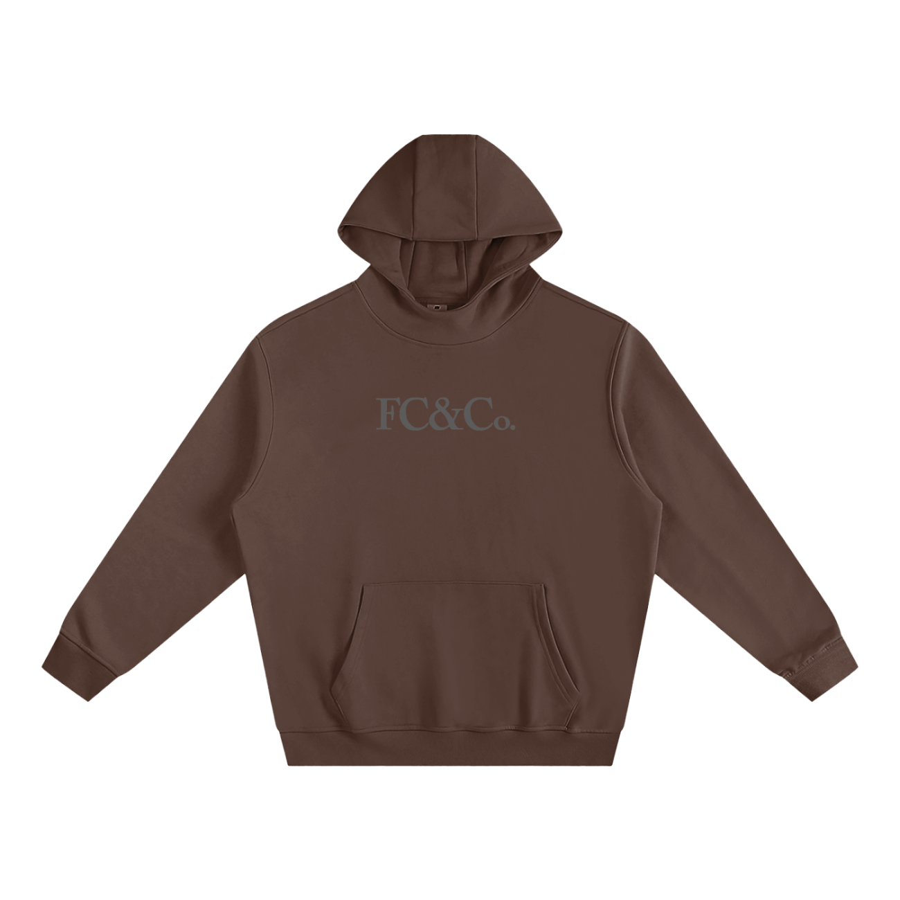 The Fleeced High Neck Hoodie is a brown hooded sweatshirt with a front kangaroo pocket and FC&Co. in gray on the chest, offering affordable luxury style. Shown against a white background.