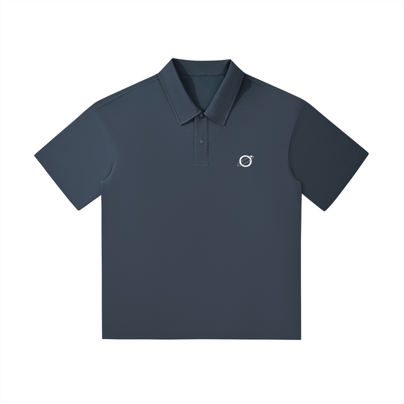 The Fusion Drop Shoulder Short-Sleeve Polo, in dark blue with a collar, three buttons, and a small white planet ring logo on the left chest, offers affordable luxury style—shown here on a white background.