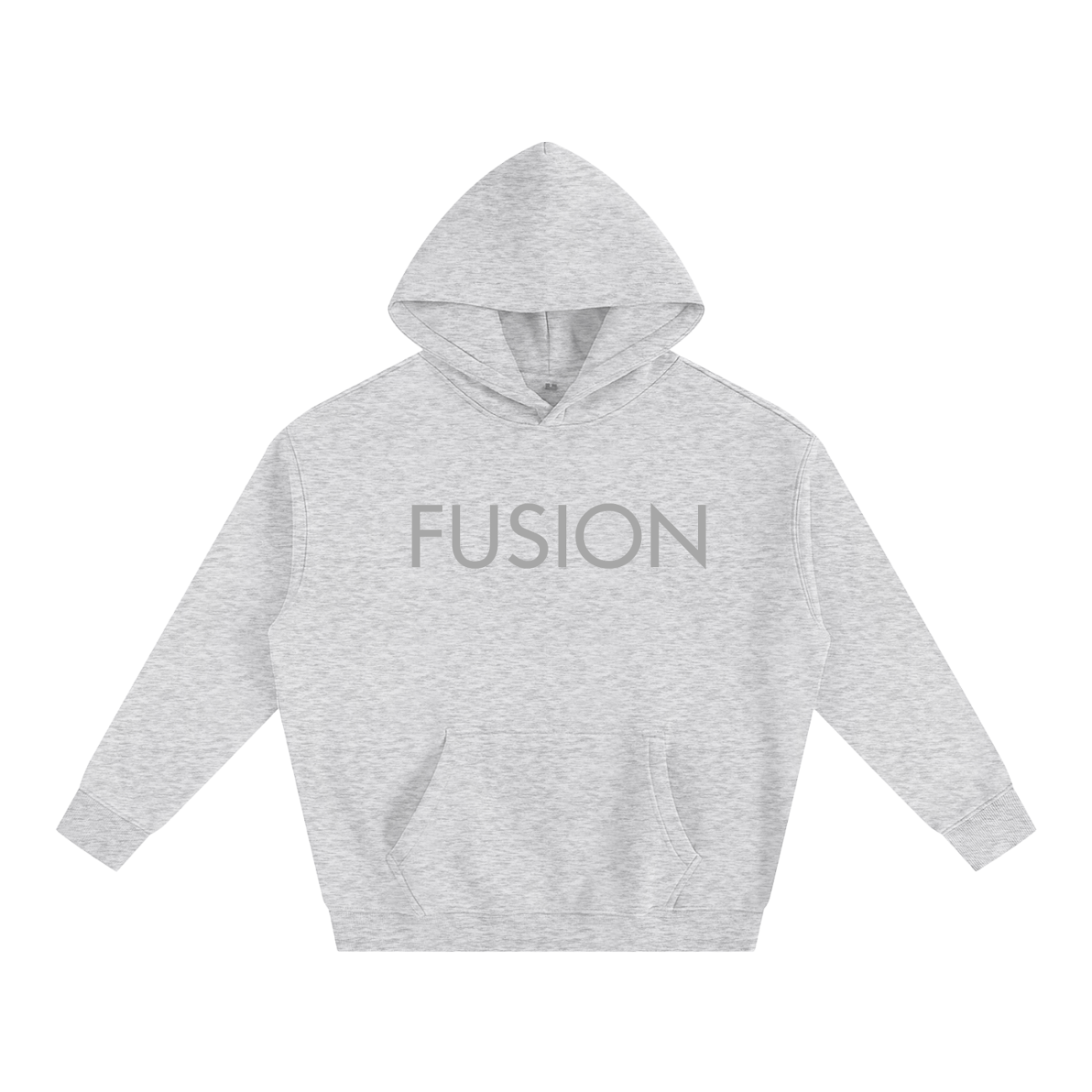 The Fusion Oversize Fleeced Hoodie features a light gray color, front pocket, and bold FUSION print across the chest, bringing affordable luxury to your casual style.
