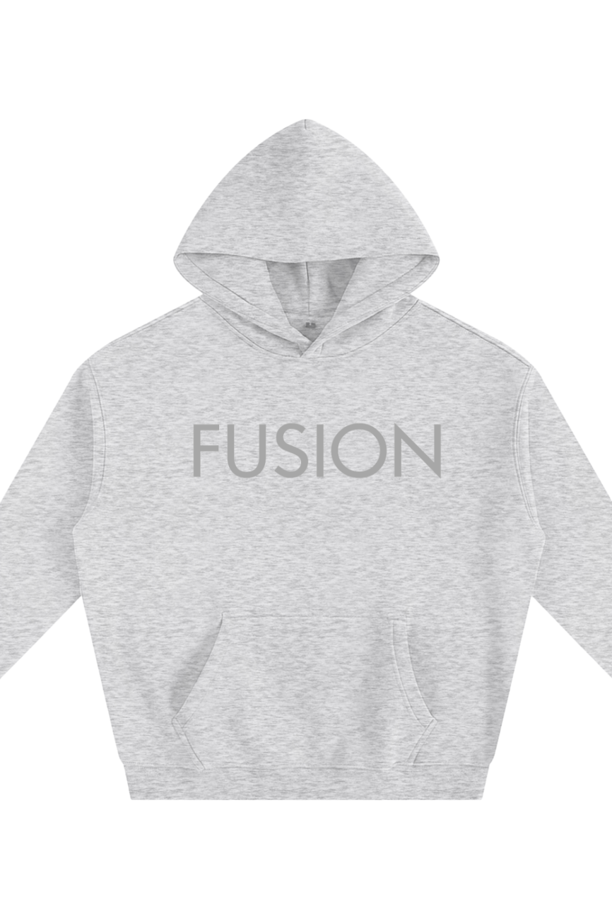 The Fusion Oversize Fleeced Hoodie features a light gray color, front pocket, and bold FUSION print across the chest, bringing affordable luxury to your casual style.
