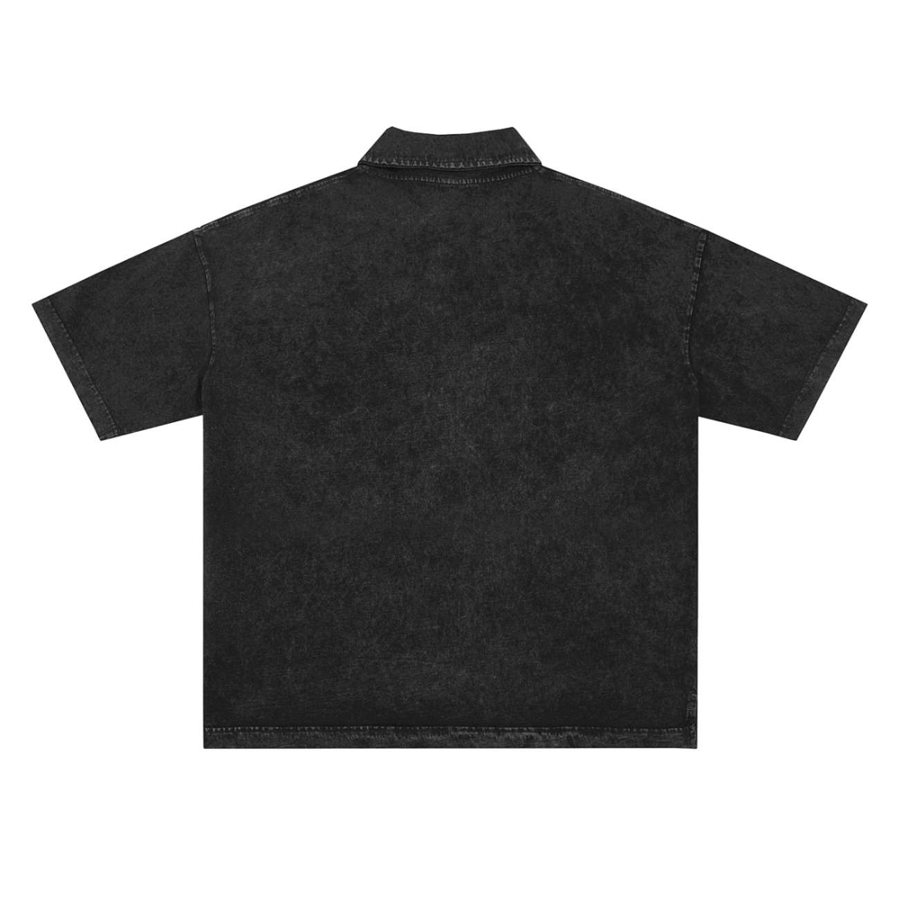The Heavyweight Snow-Washed Polo T-Shirt from our Affordable Luxury Clothing line is shown flat, back side up on a white background, featuring a black color, short sleeves, subtle washed texture, and visible hem stitching.
