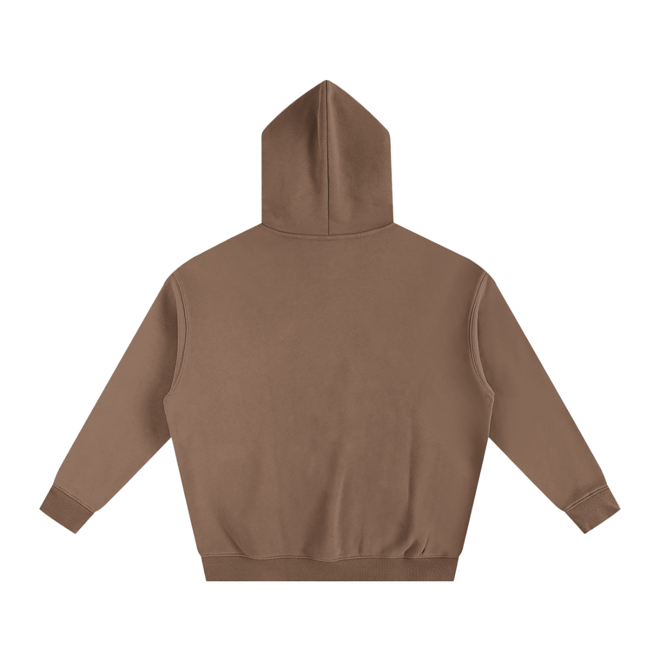 The Fusion Oversize Fleeced Hoodie is shown flat, facing backward on a white background. This relaxed-fit, plain brown hoodie features long sleeves and no visible logos, designs, or text—an affordable luxury essential.