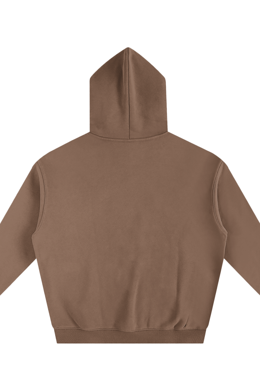 The Fusion Oversize Fleeced Hoodie is shown flat, facing backward on a white background. This relaxed-fit, plain brown hoodie features long sleeves and no visible logos, designs, or text—an affordable luxury essential.