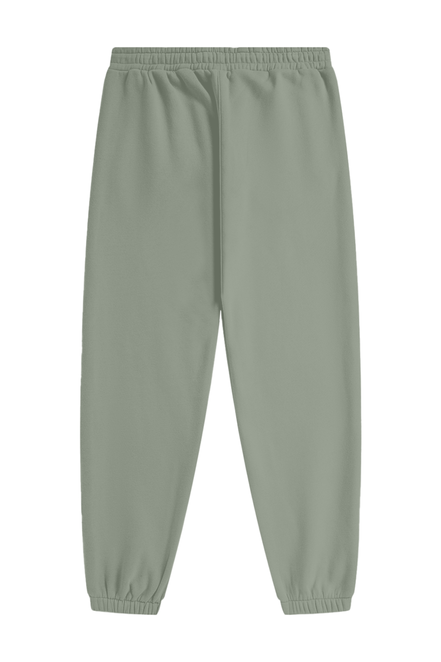 Streetwear Unisex Fleece Joggers in light sage green, featuring an elastic waistband and ankle cuffs, shown flat in a back view on a white background—affordable luxury for effortless style and comfort.