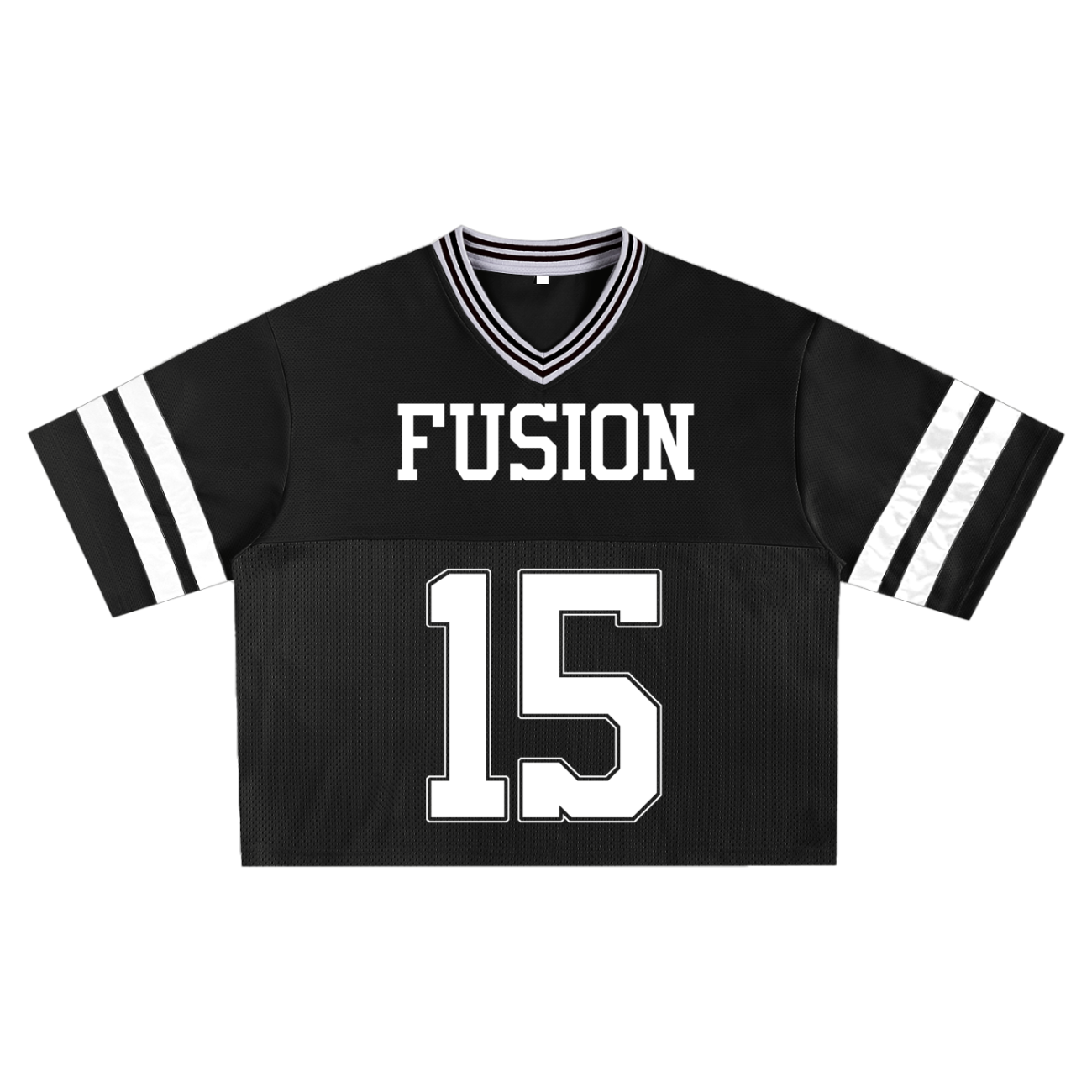 The Taped Mesh Boxy T-shirt is a black short-sleeve jersey with white sleeve stripes, FUSION across the chest, and the number 15 below—an affordable luxury piece ideal for your active lifestyle.