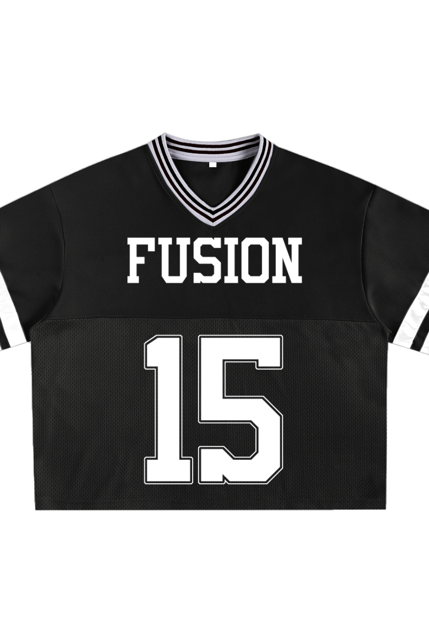 The Taped Mesh Boxy T-shirt is a black short-sleeve jersey with white sleeve stripes, FUSION across the chest, and the number 15 below—an affordable luxury piece ideal for your active lifestyle.