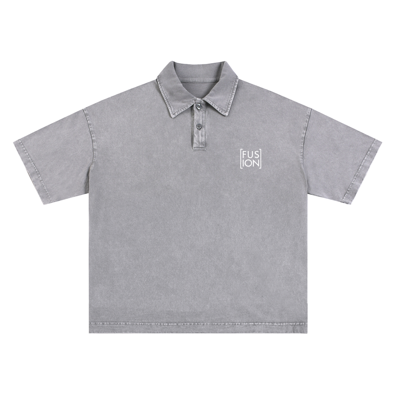 The Fusion Heavyweight Snow-Washed Polo T-Shirt is a gray, short-sleeve polo with a collar, three buttons, and a white FUSION logo on the left chest. It offers an affordable luxury look with washed fabric and visible seam stitching.