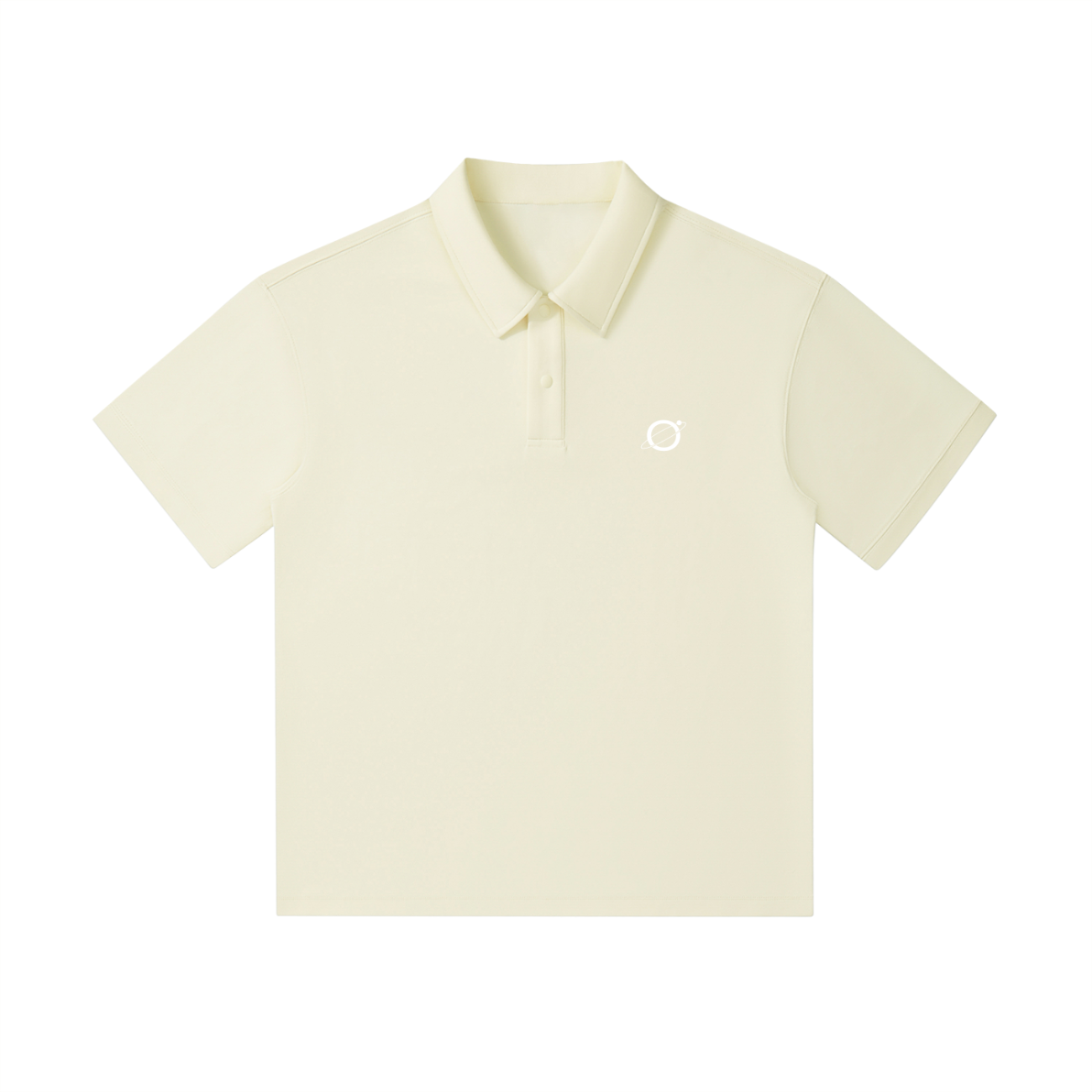 The Fusion Drop Shoulder Short-Sleeve Polo is a light beige, collared top with buttons and a white circular logo on the left chest—perfect for those seeking affordable luxury. Shown here against a white background.