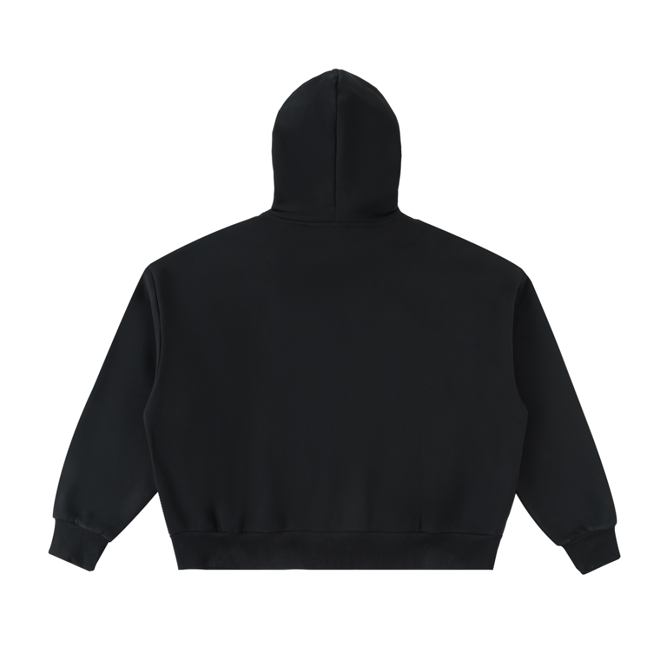 The FC&Co. Fleeced Full-Zip Boxy Hoodie from our Affordable Luxury Clothing line is shown from the back, laid flat on a white surface. It features long sleeves with ribbed cuffs and hem for a comfortable, classic fit.