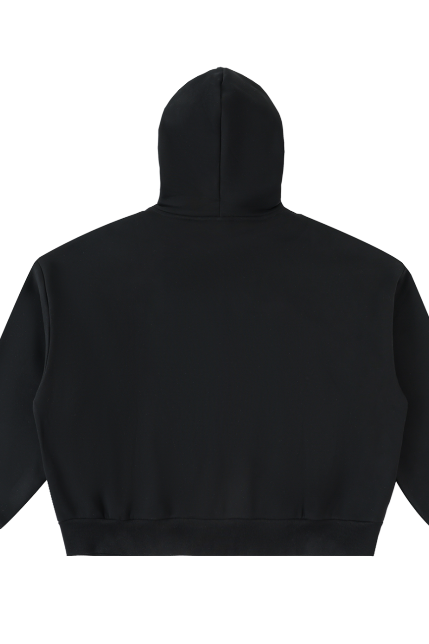 The FC&Co. Fleeced Full-Zip Boxy Hoodie from our Affordable Luxury Clothing line is shown from the back, laid flat on a white surface. It features long sleeves with ribbed cuffs and hem for a comfortable, classic fit.
