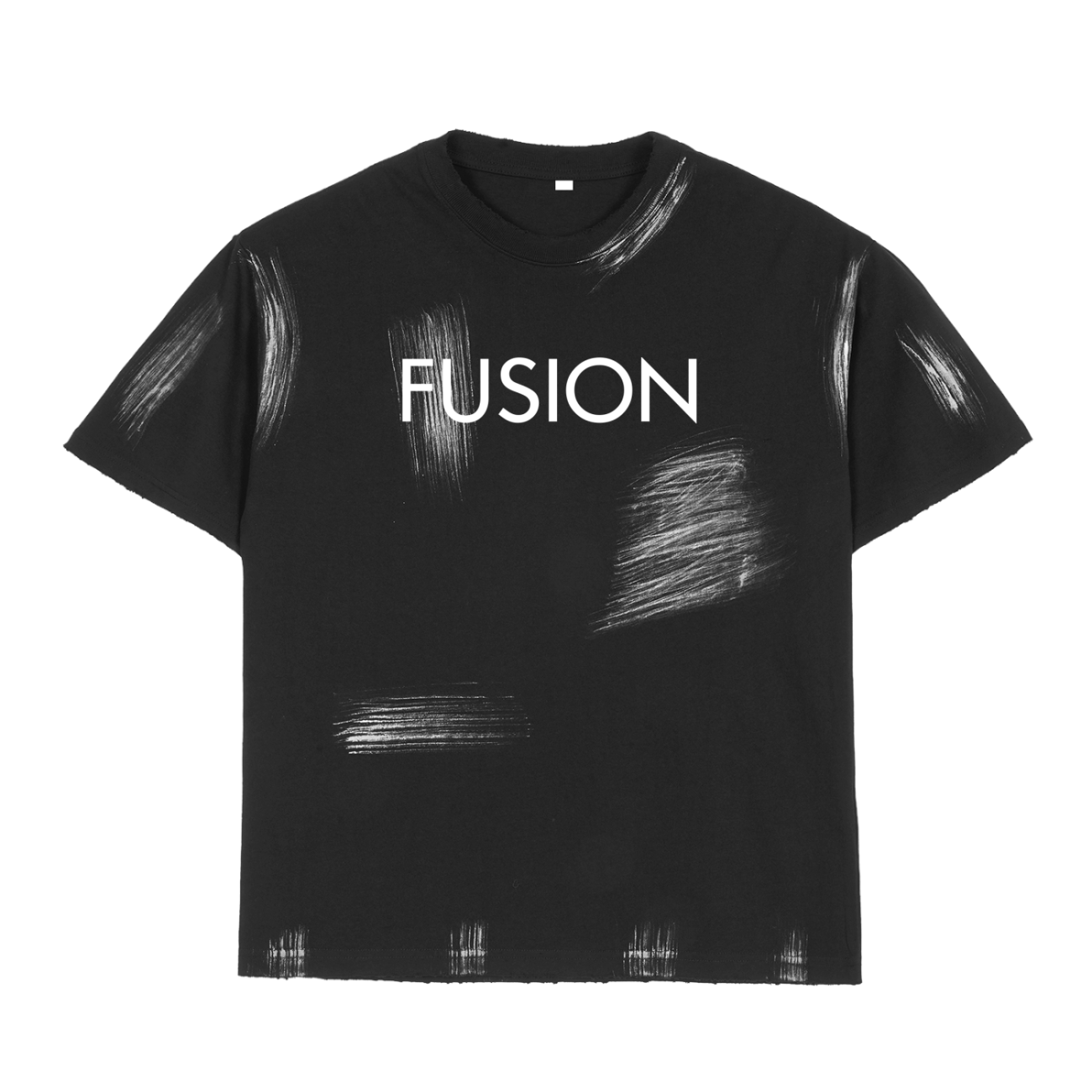 The Hand Brushed T-shirt features white brushstroke accents and bold FUSION lettering on a black background, offering affordable luxury with a modern edge.