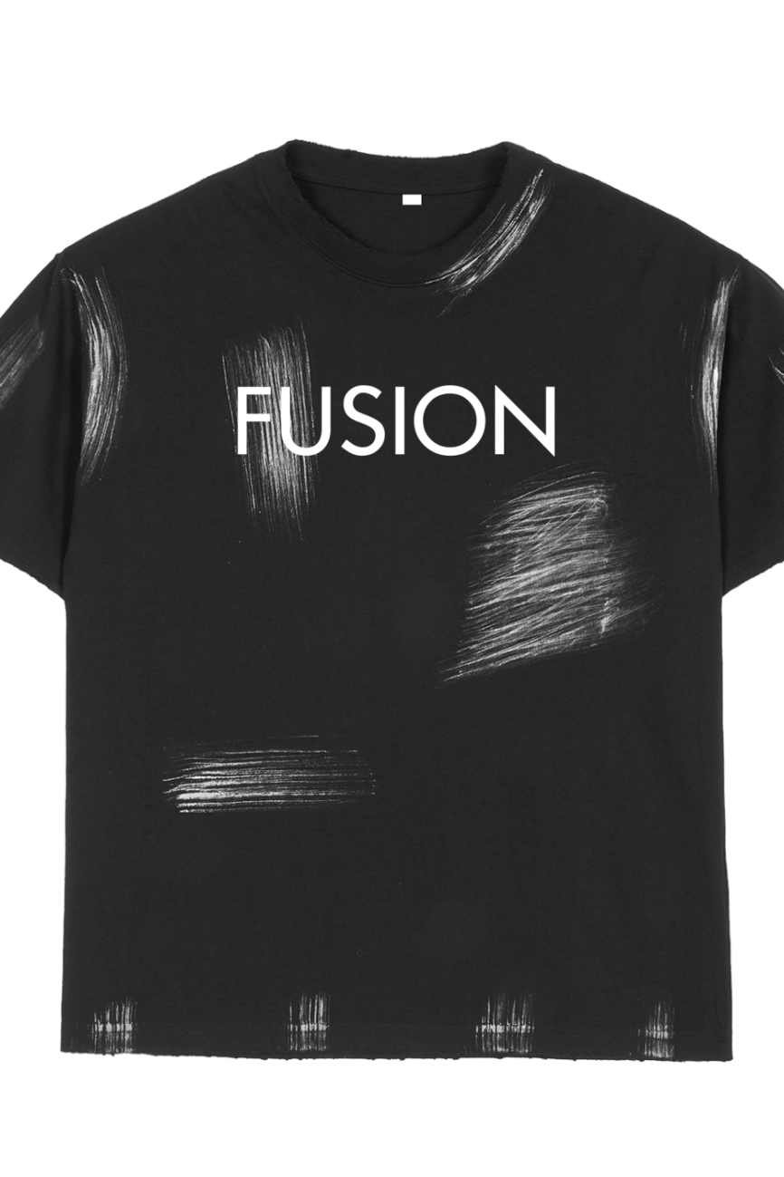 The Hand Brushed T-shirt features bold white brushstroke patterns and FUSION across the chest, offering an affordable luxury look for modern style.