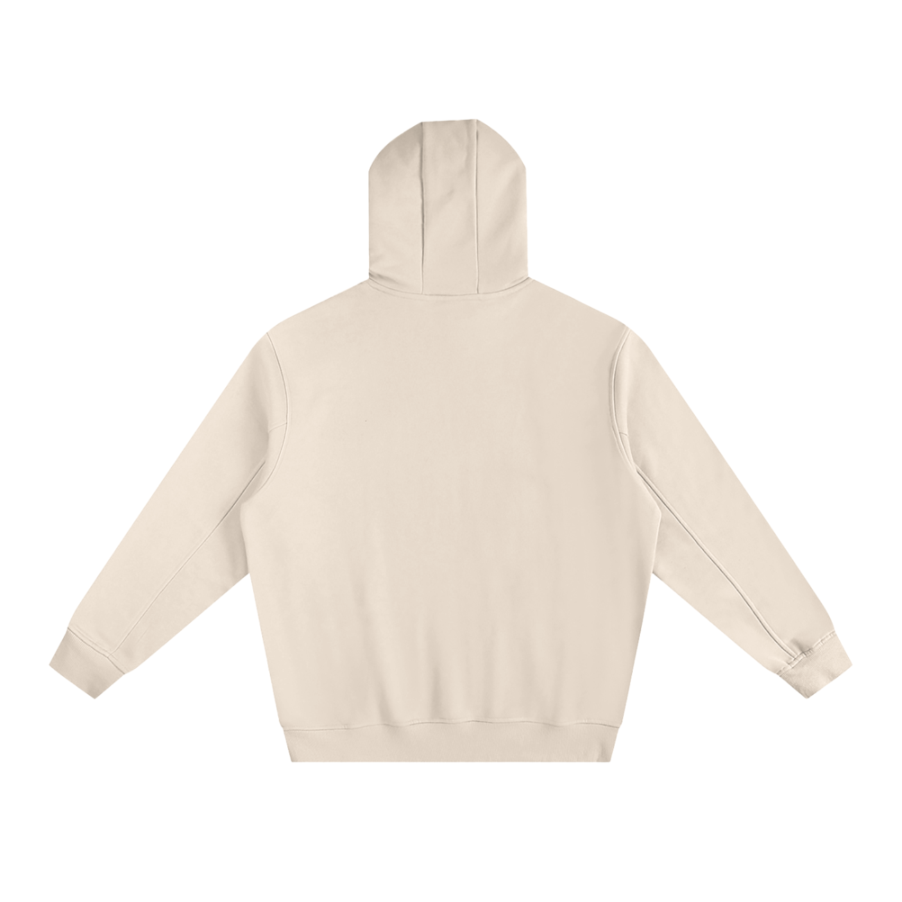 The Fleeced High Neck Hoodie is shown flat and backwards, featuring a clean, beige design with no visible logos, reflecting affordable luxury in its simple style.