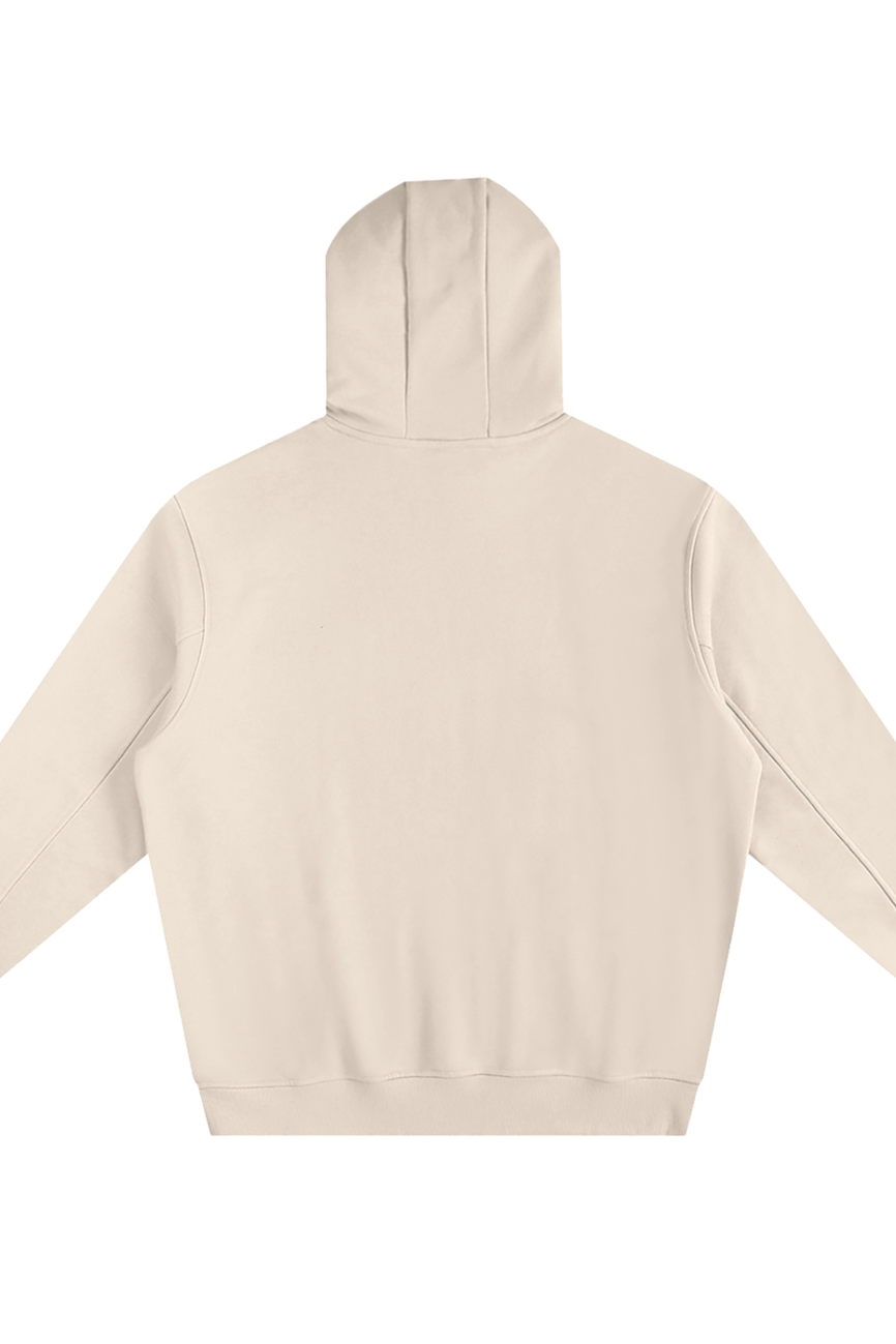 The Fleeced High Neck Hoodie is shown flat and backwards, featuring a clean, beige design with no visible logos, reflecting affordable luxury in its simple style.