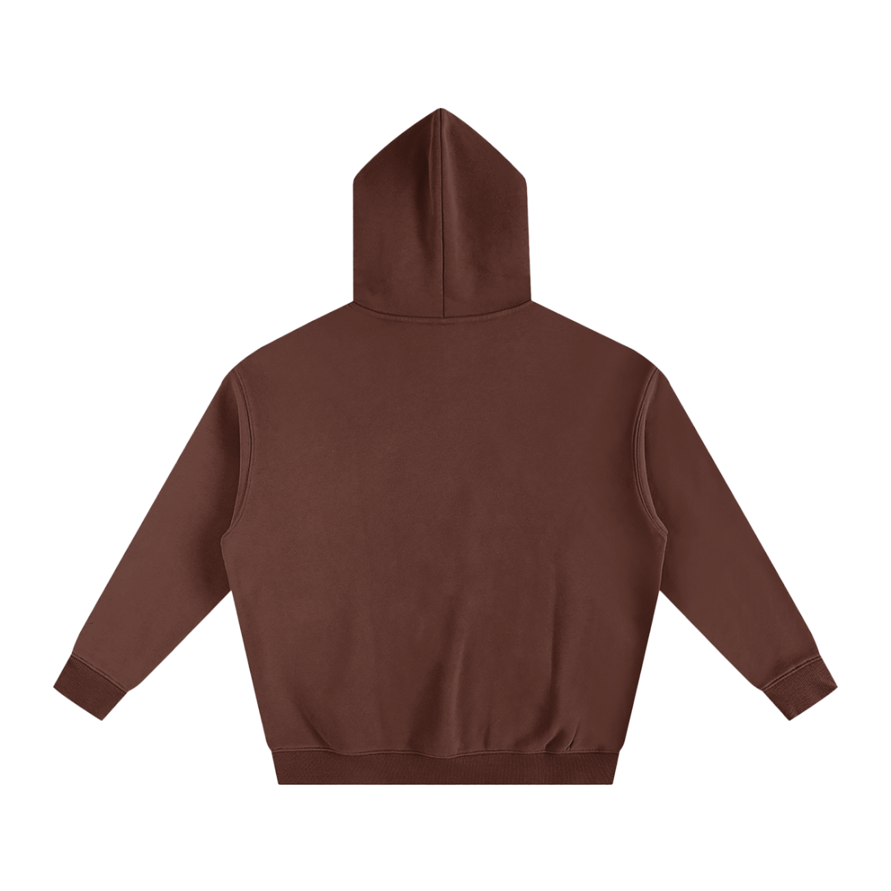 The Fusion Oversize Fleeced Hoodie features a plain brown design with long sleeves and a hood, shown from the back on a white background—ideal for those wanting affordable luxury and understated style.