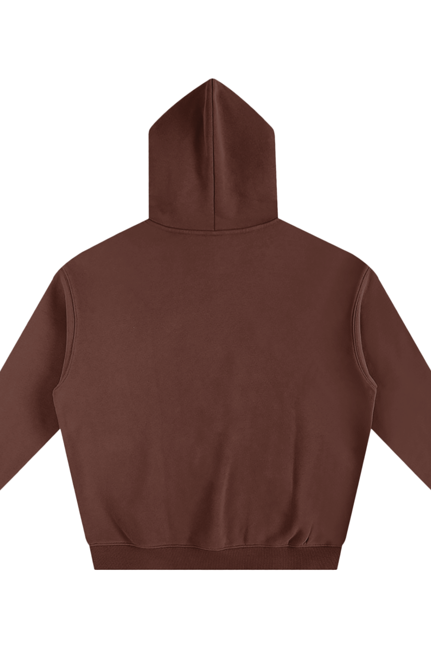The Fusion Oversize Fleeced Hoodie features a plain brown design with long sleeves and a hood, shown from the back on a white background—ideal for those wanting affordable luxury and understated style.