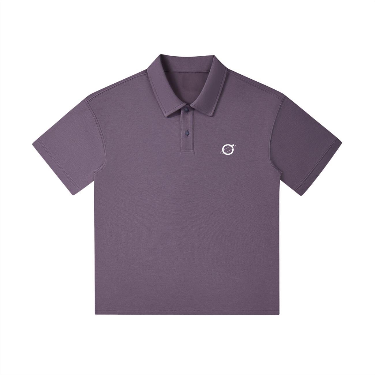 The Fusion Drop Shoulder Short-Sleeve Polo is a lavender, collared shirt with three buttons and a white planet-with-ring logo embroidered on the left chest. It features a relaxed fit and is shown on a plain white background.