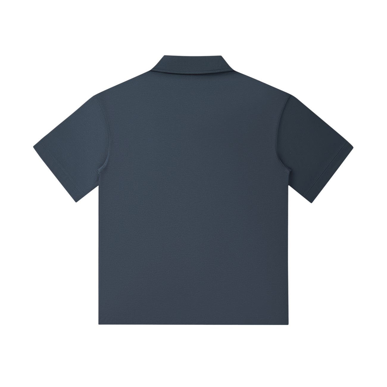 The Drop Shoulder Short-Sleeve Polo is a plain, dark blue shirt with short sleeves, shown from the back against a white background—perfect for anyone looking for affordable luxury.