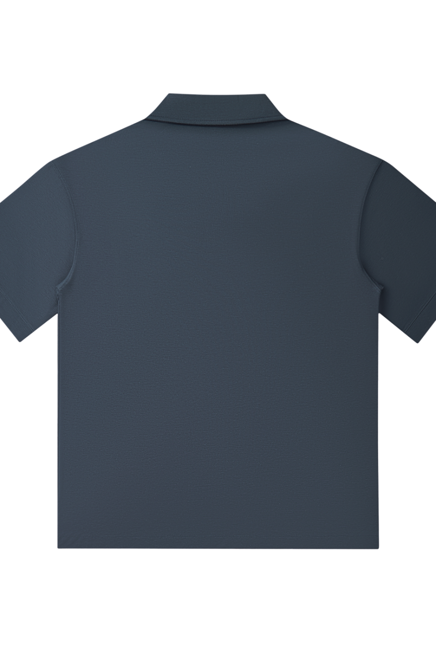 The Drop Shoulder Short-Sleeve Polo is a plain, dark blue shirt with short sleeves, shown from the back against a white background—perfect for anyone looking for affordable luxury.