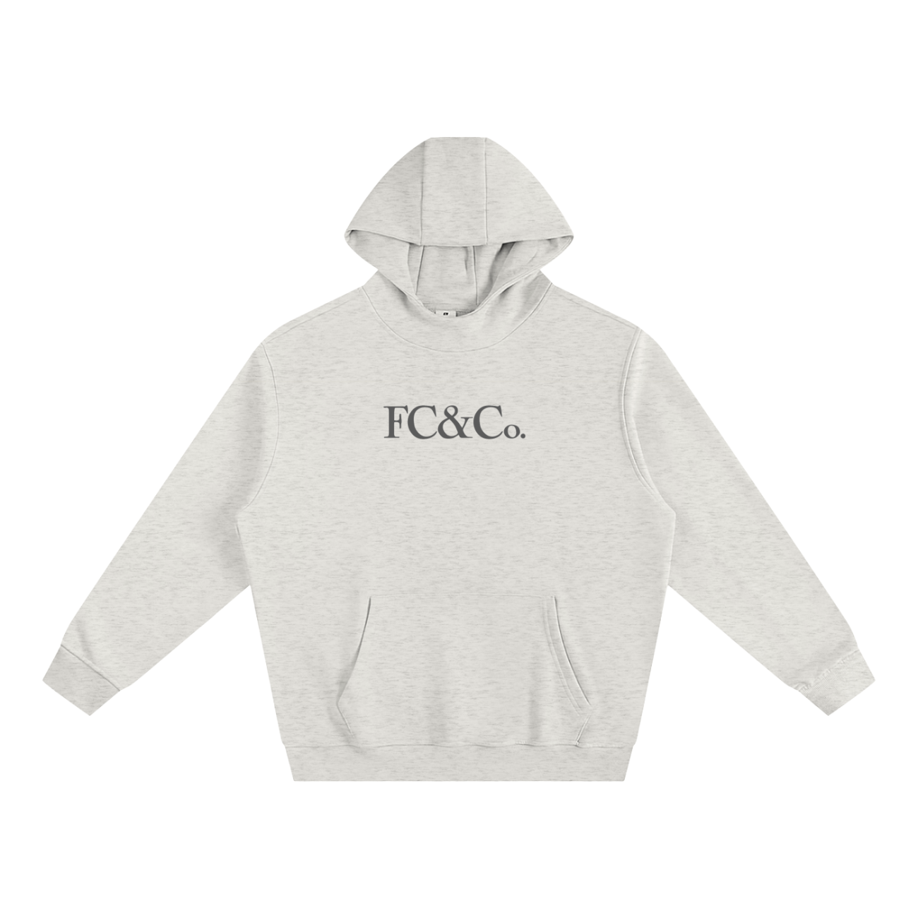 The Fleeced High Neck Hoodie is a light gray sweatshirt with “FC&Co.” in bold black serif across the chest, featuring a front pouch pocket and long sleeves. This affordable luxury piece is shown on a white background.