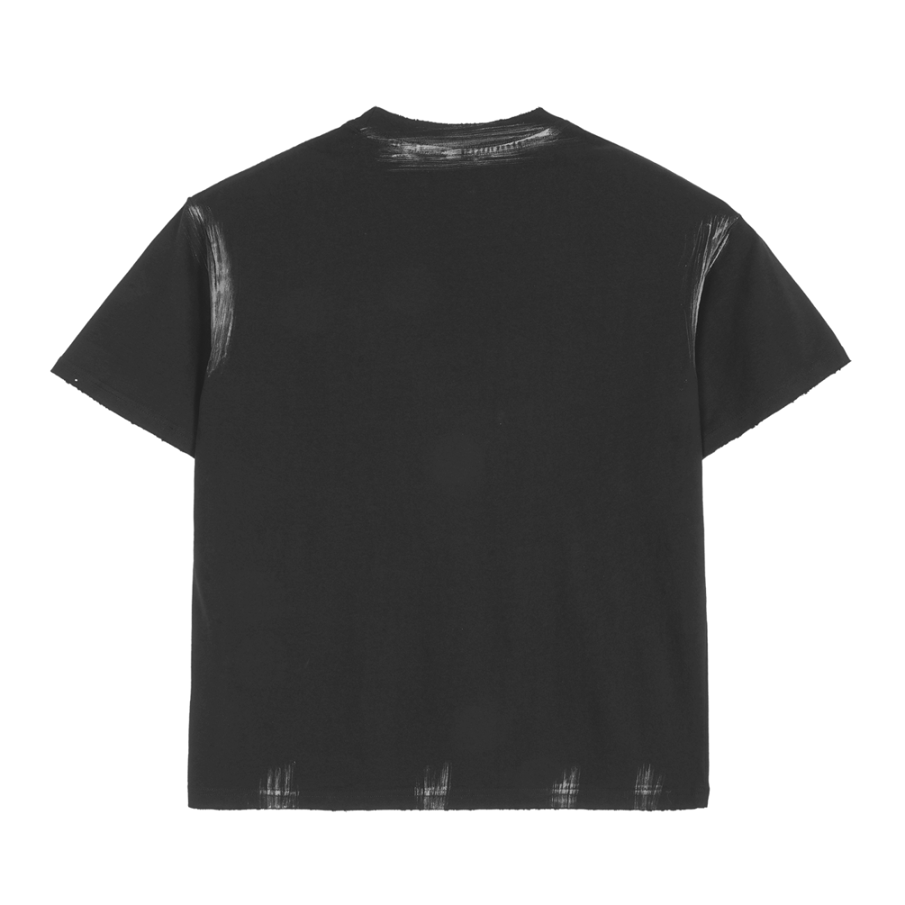 The Hand Brushed T-shirt is a plain black short-sleeve tee seen from the back, featuring subtle white distressed marks along the collar, sleeve edges, and hem—showcasing affordable luxury with understated brushing details.