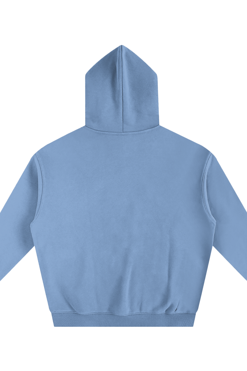 The Fusion Oversize Fleeced Hoodie is shown in light blue from the back, with the hood up and sleeves outstretched—offering affordable luxury thats plain, comfortable, stylish, and free of visible designs or logos.