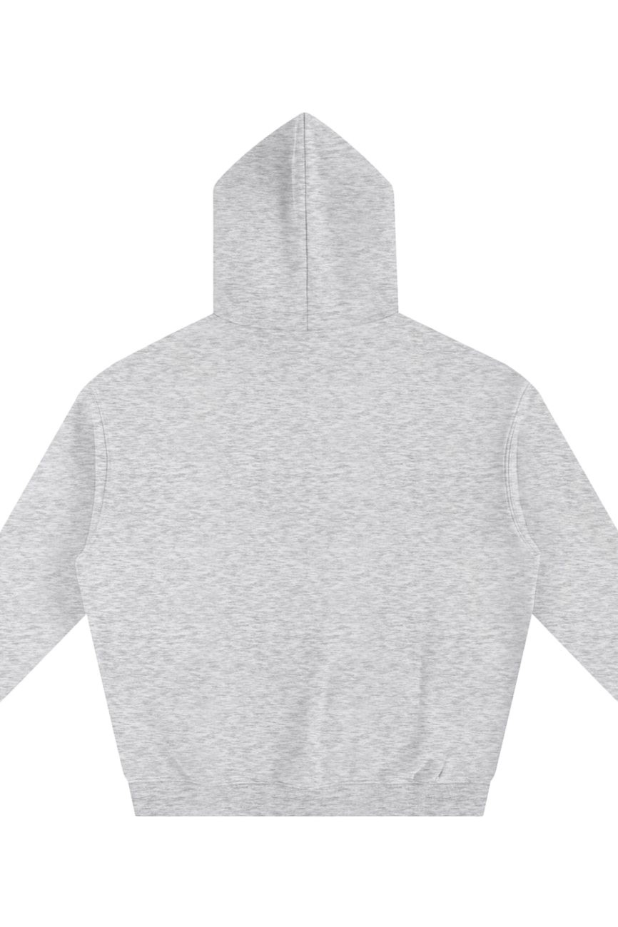 The Fusion Oversize Fleeced Hoodie, shown from the back in light gray with long sleeves and a relaxed fit, offers affordable luxury. The hoodie is laid flat on a white background for display.