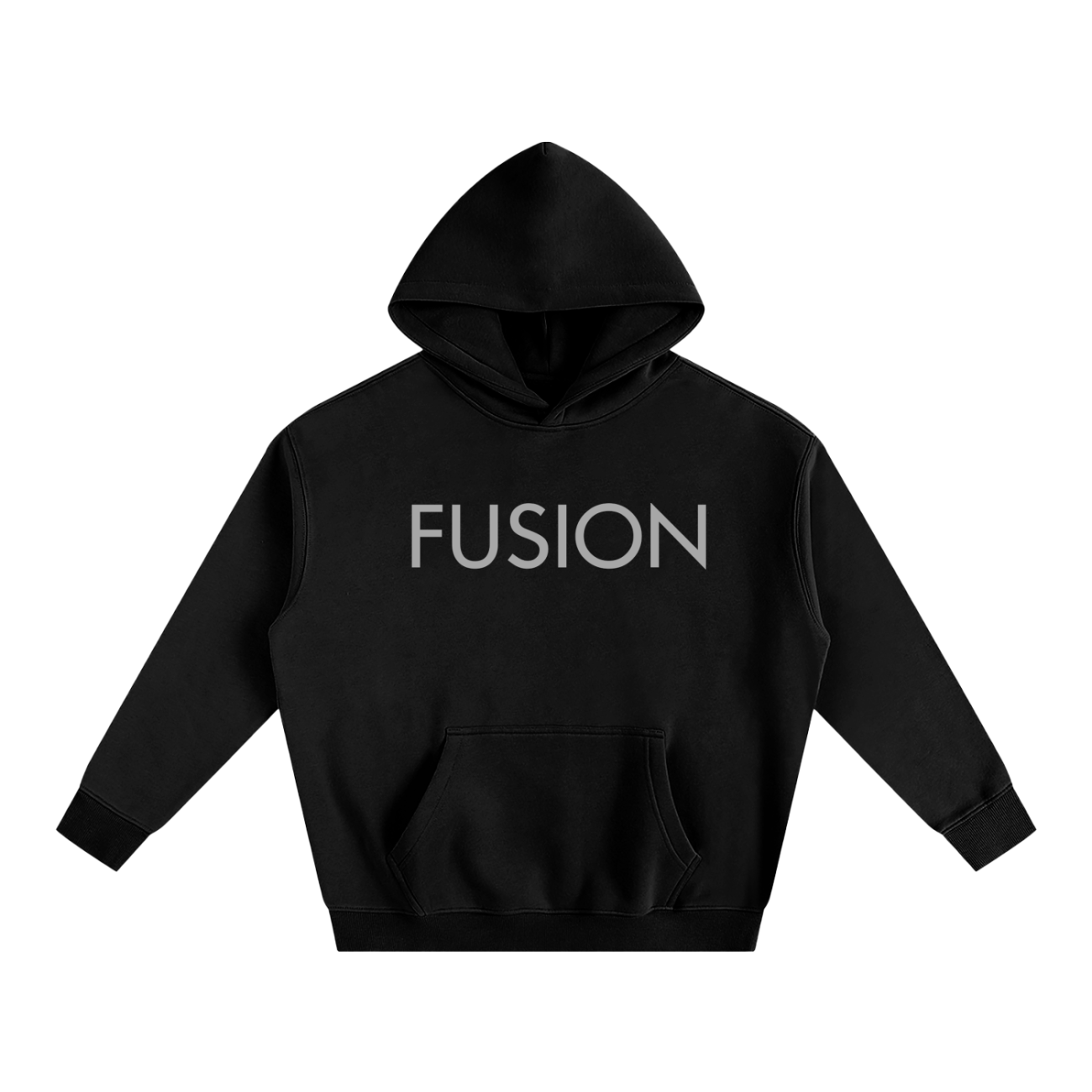 The Fusion Oversize Fleeced Hoodie is an affordable luxury essential, featuring a front pocket and FUSION boldly printed in large light gray letters across the black chest.