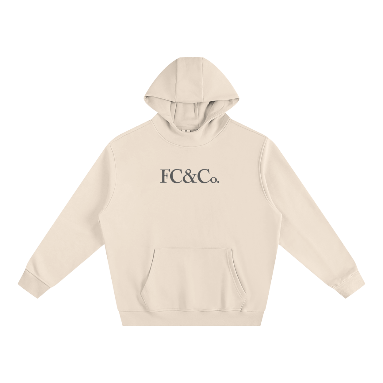 The Fleeced High Neck Hoodie is a beige sweatshirt with a front pocket and bold FC&Co. lettering, offering affordable luxury and effortless style—perfect for elevating your casual look.