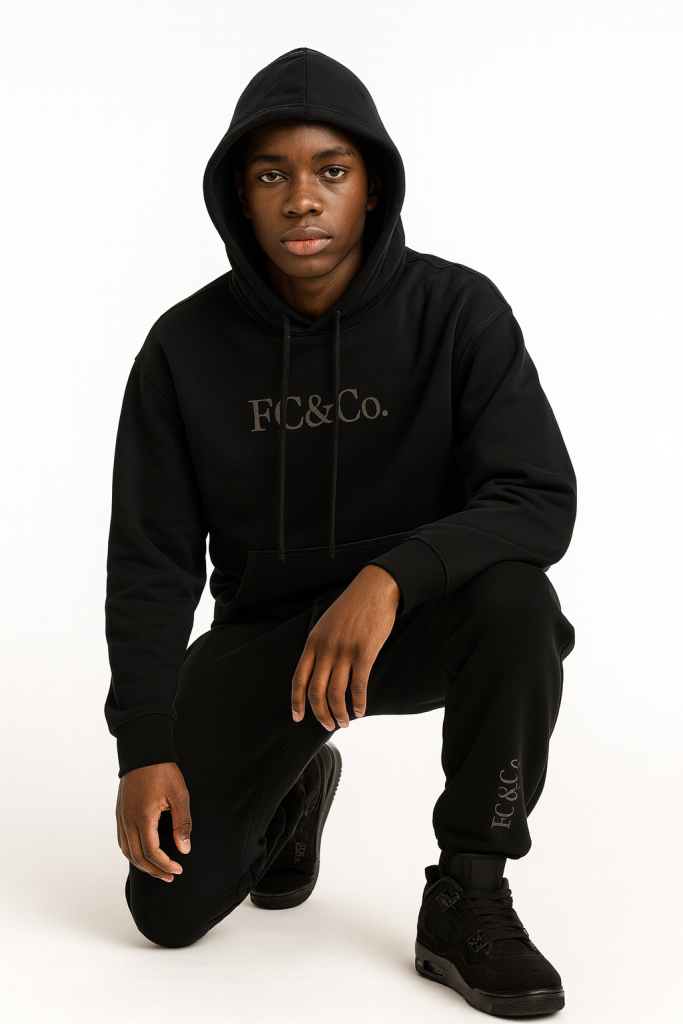 A young man kneels on one knee against a white background, wearing black FC&Co. apparel and Streetwear Unisex Fleece Joggers, capturing the essence of affordable luxury fashion.