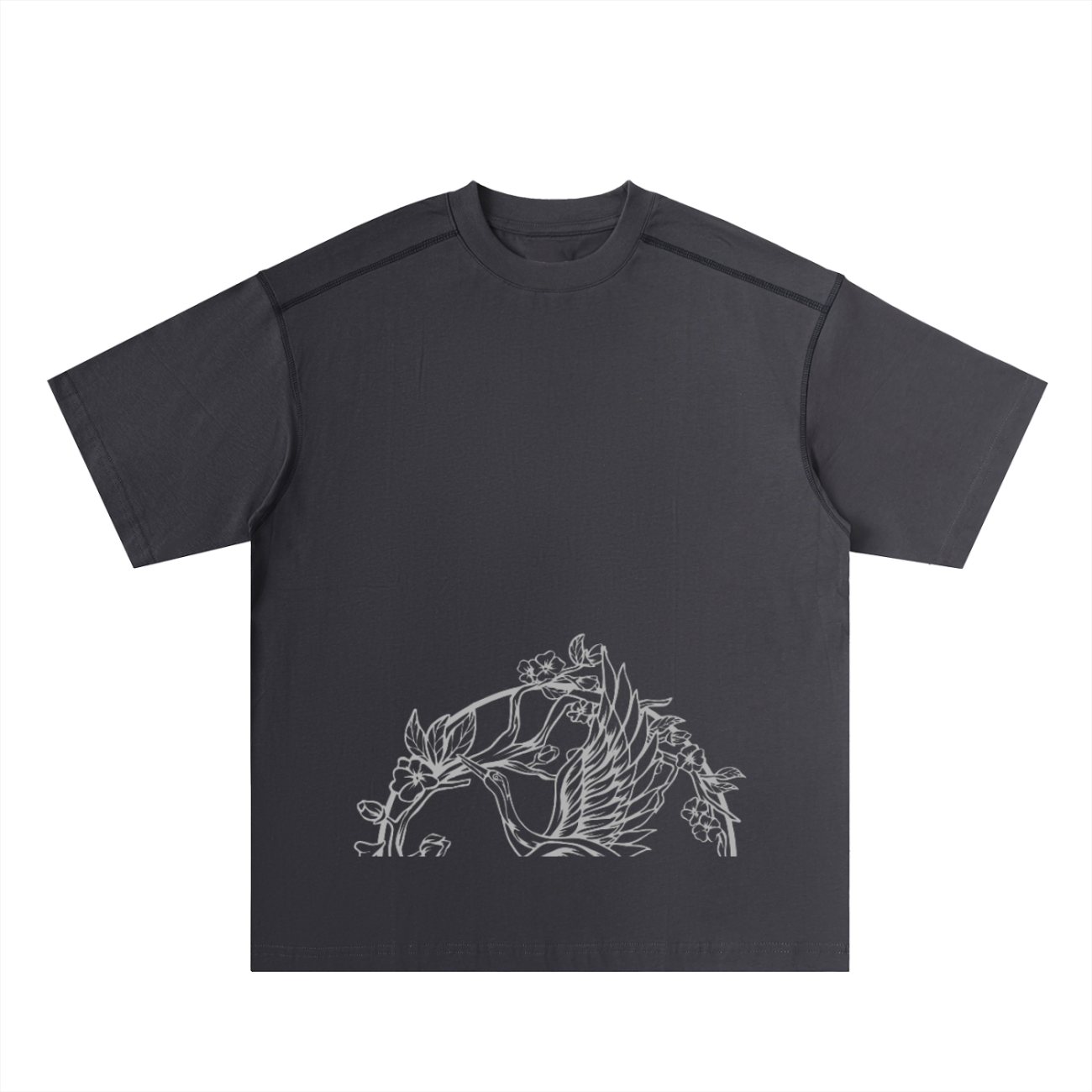 The Crane - Oversized Contrast-Stitched Cotton Tee is a black t-shirt from our Affordable Luxury Clothing line, featuring minimalist white line art of leaves and flowers near the front bottom hem.
