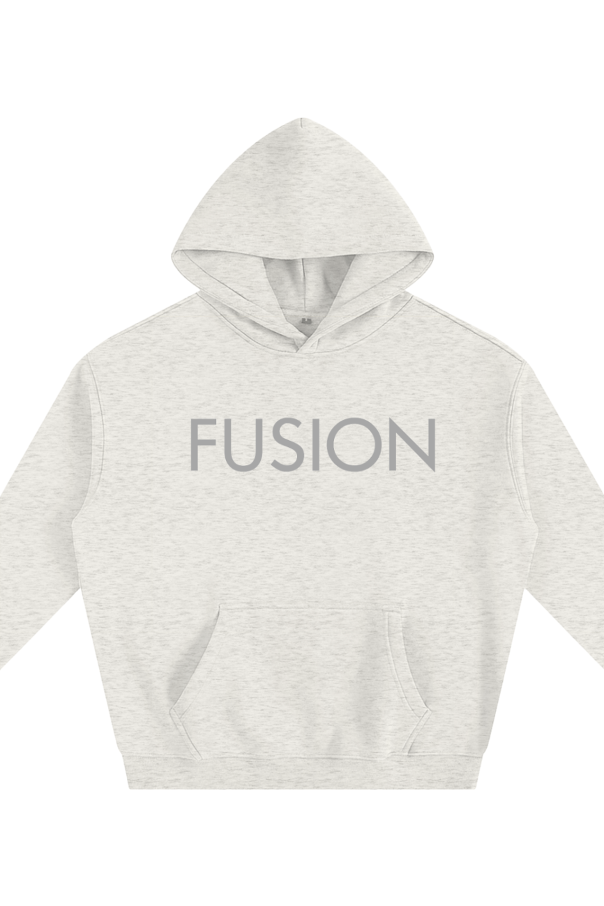 The Fusion Oversize Fleeced Hoodie is a light gray, long-sleeve essential with a drawstring-free hood and front pocket. FUSION appears in bold uppercase across the chest, blending affordable luxury details with modern style.
