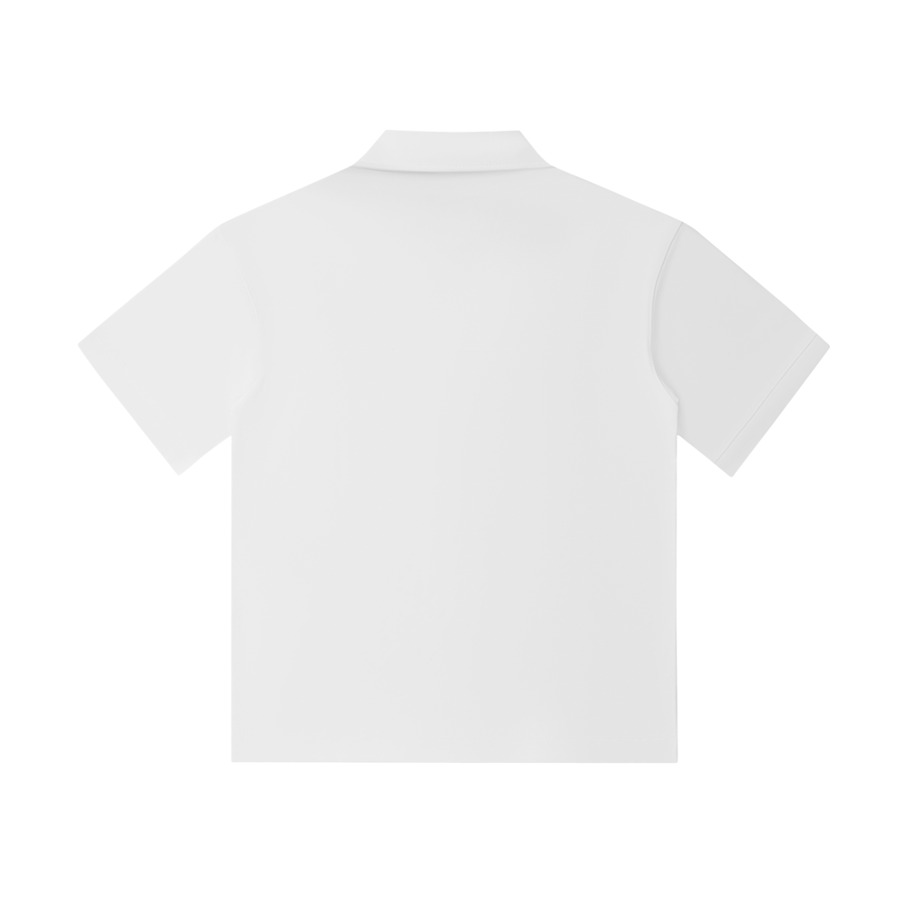 The Drop Shoulder Short-Sleeve Polo in plain white is shown from the back on a white background—a timeless piece that embodies affordable luxury.