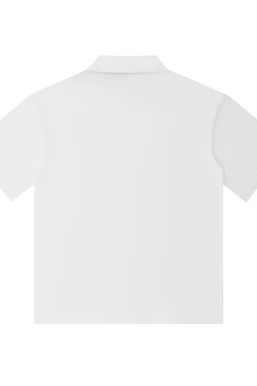 The Drop Shoulder Short-Sleeve Polo in plain white is shown from the back on a white background—a timeless piece that embodies affordable luxury.