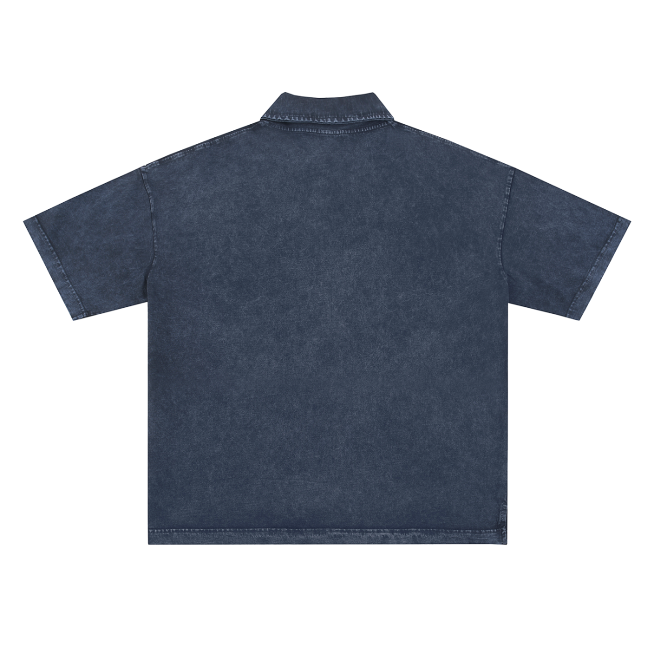 The Fusion Heavyweight Snow-Washed Polo T-Shirt, shown from the back in dark blue, features short sleeves, a classic collar, straight hem, and visible seam stitching—an affordable luxury for a refined yet casual style.