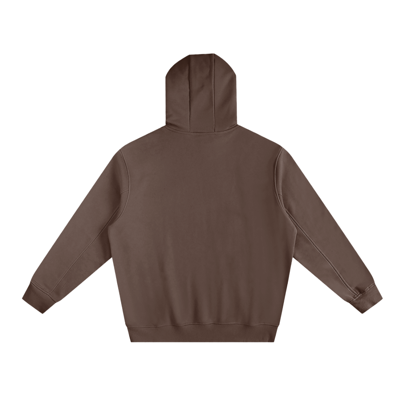 The Fleeced High Neck Hoodie is displayed flat from the back. This affordable luxury piece features long sleeves, a ribbed waistband, and minimal stitching with no visible logos or designs.