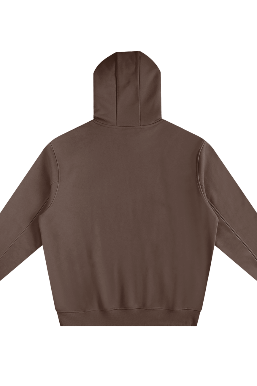 The Fleeced High Neck Hoodie is displayed flat from the back. This affordable luxury piece features long sleeves, a ribbed waistband, and minimal stitching with no visible logos or designs.
