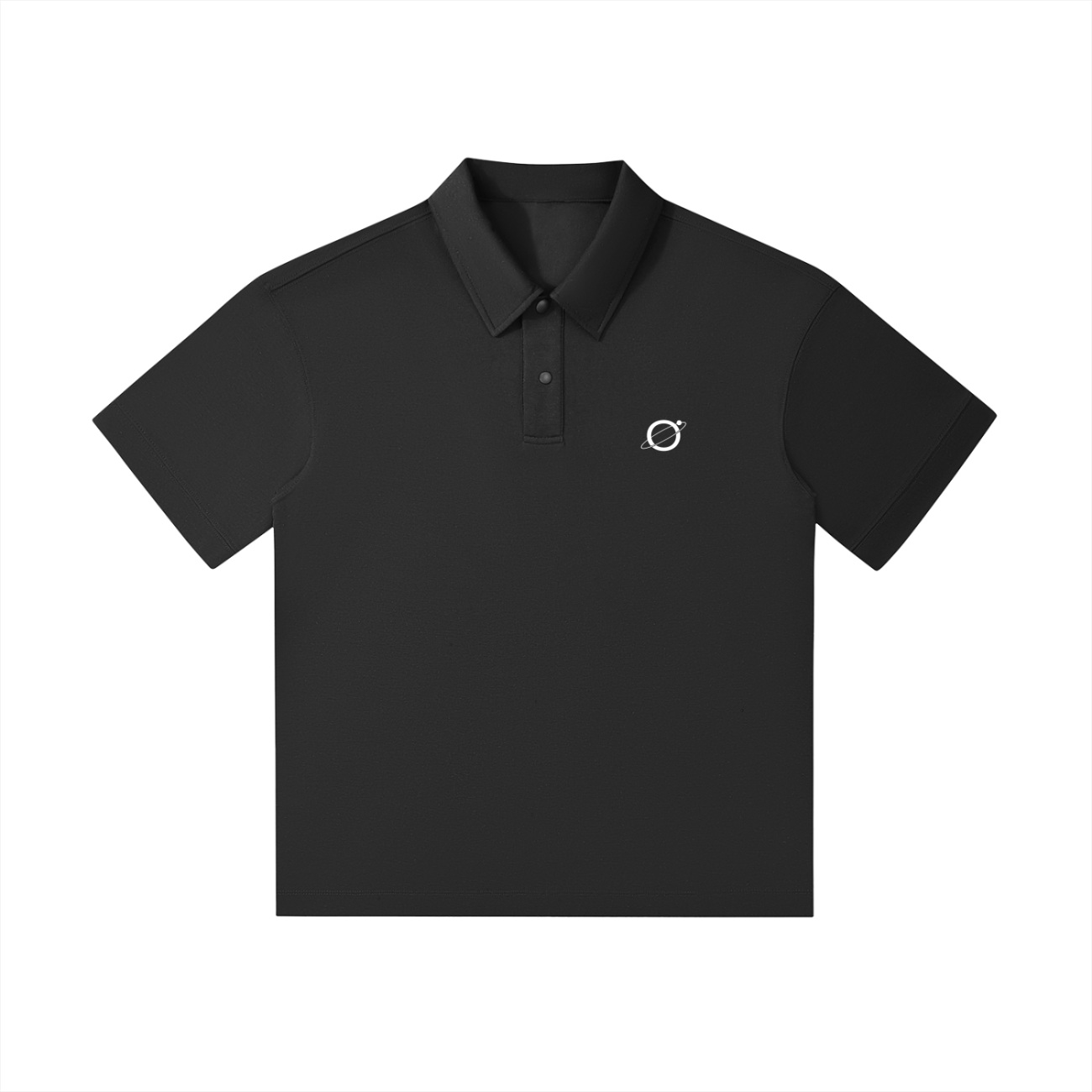 The Fusion Drop Shoulder Short-Sleeve Polo is an affordable luxury black polo with a collar, three buttons, and a small white embroidered planet logo on the left chest, shown laid flat on a white background.