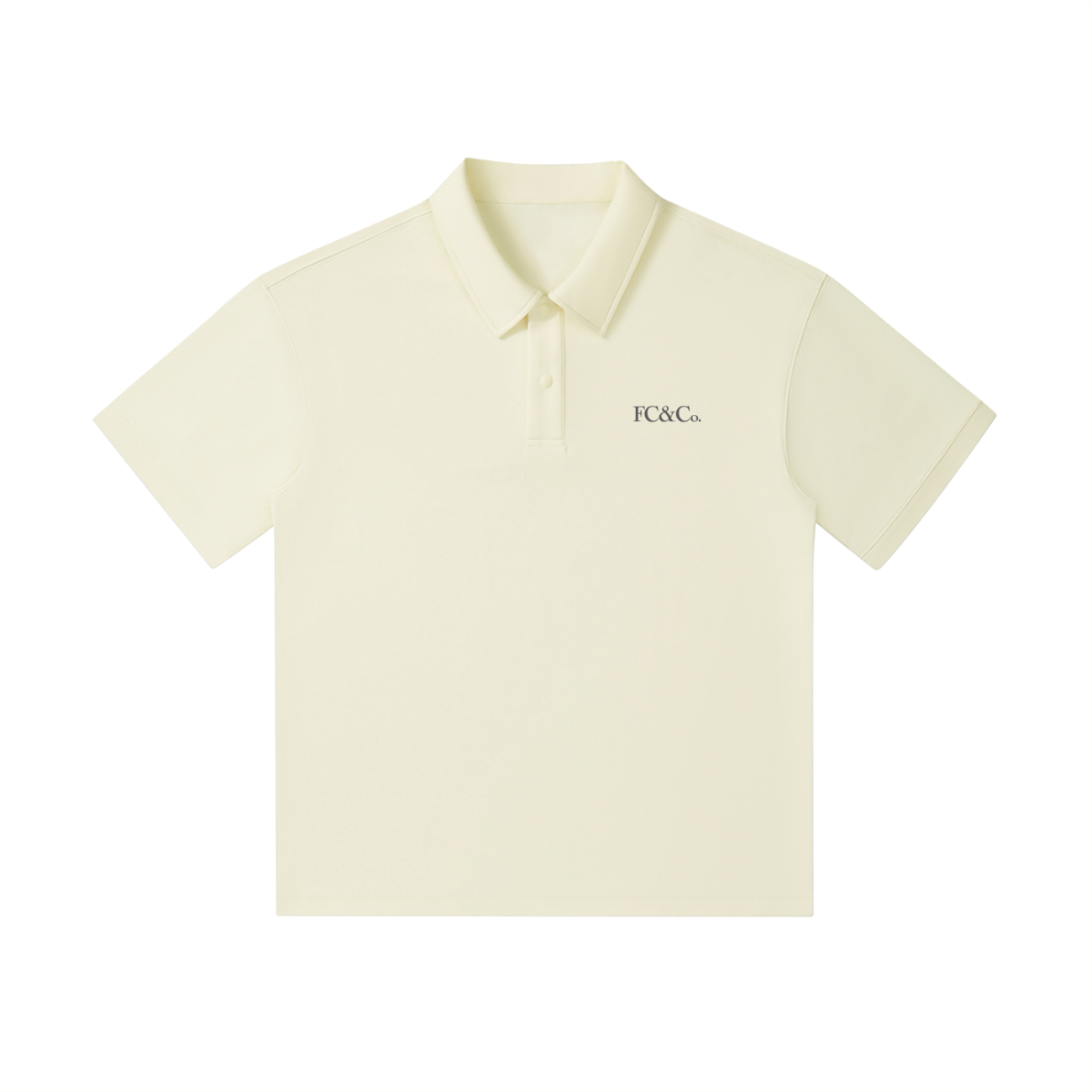 The FC&Co. Drop Shoulder Short-Sleeve Polo features a light beige color, collar, left-chest logo, and is shown on a white background—an ideal pick for fans of affordable luxury style.